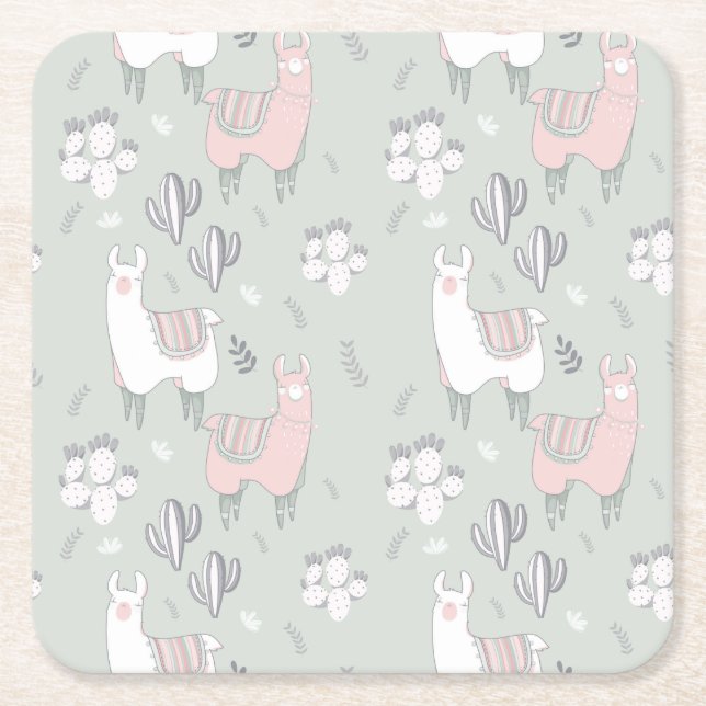 Pastel Llama Pattern Square Paper Coaster (Front)