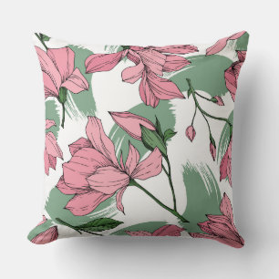 Pastel look ink drawing Magnolia sage green pink Throw Pillow