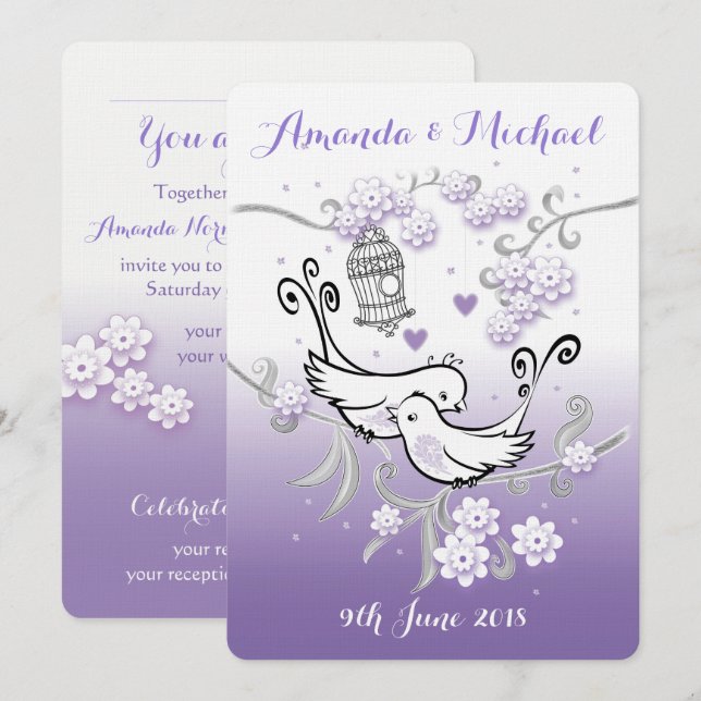 Pastel love birds personalized wedding invite (Front/Back)