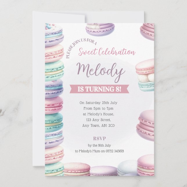 Pastel Macaron Birthday Invite Stack of Sweetness (Front)