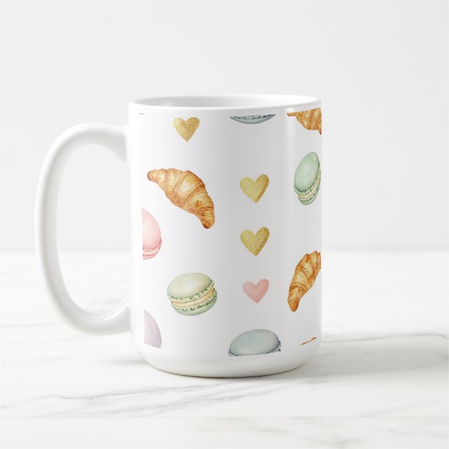 Pastel Macarons and Croissants Seamless Pattern Coffee Mug (Left)