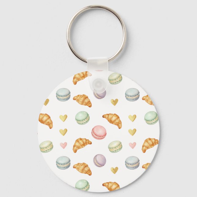 Pastel Macarons and Croissants Seamless Pattern Keychain (Front)