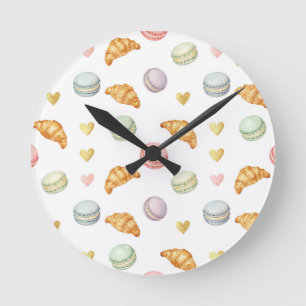 Pastel Macarons and Croissants Seamless Pattern Round Clock