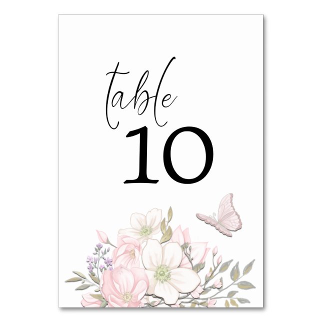 Pastel Magnolias Butterfly Elegant Script Wedding Table Number (Front)