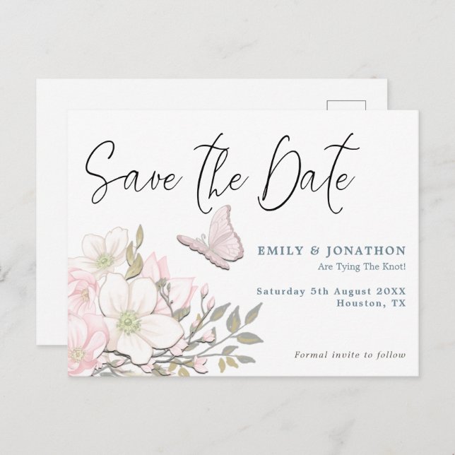 Pastel Magnolias Butterfly Wedding Save The Date Postcard (Front/Back)