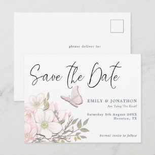 Pastel Magnolias Butterfly Wedding Save The Date Postcard