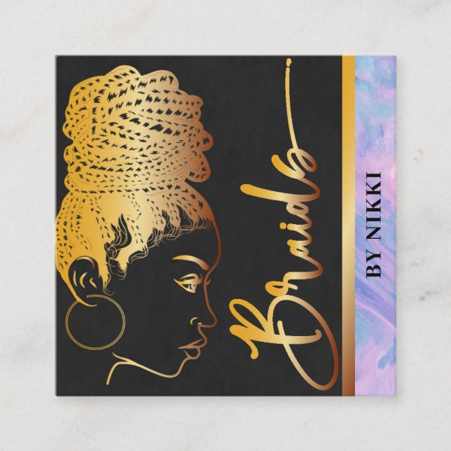 Pastel Marble and Gold Modern Hair Braiding Salon Square Business Card (Front)