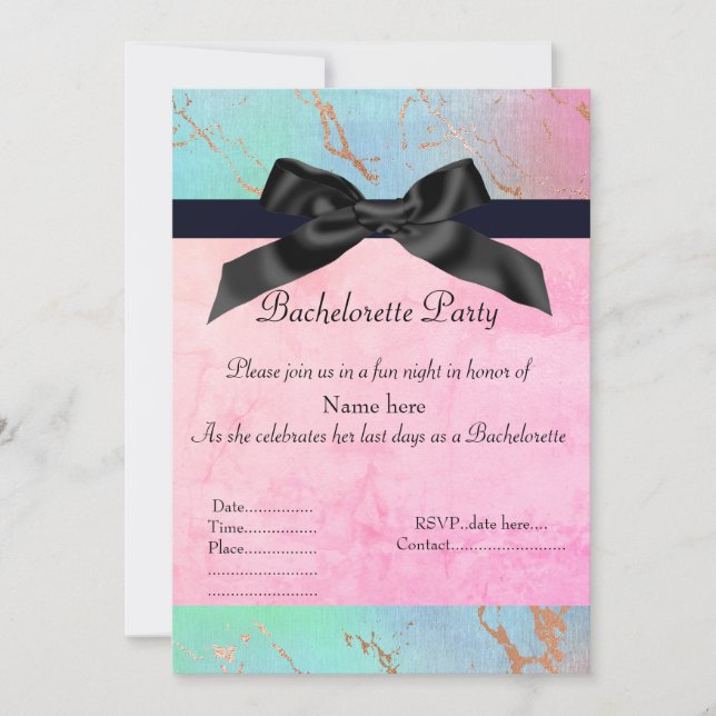 Pastel marble bachelorette green pink new fun invitation (Front)
