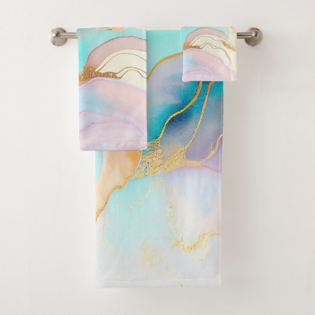 Pastel marble ink abstract glitter art bath towel set (Insitu)