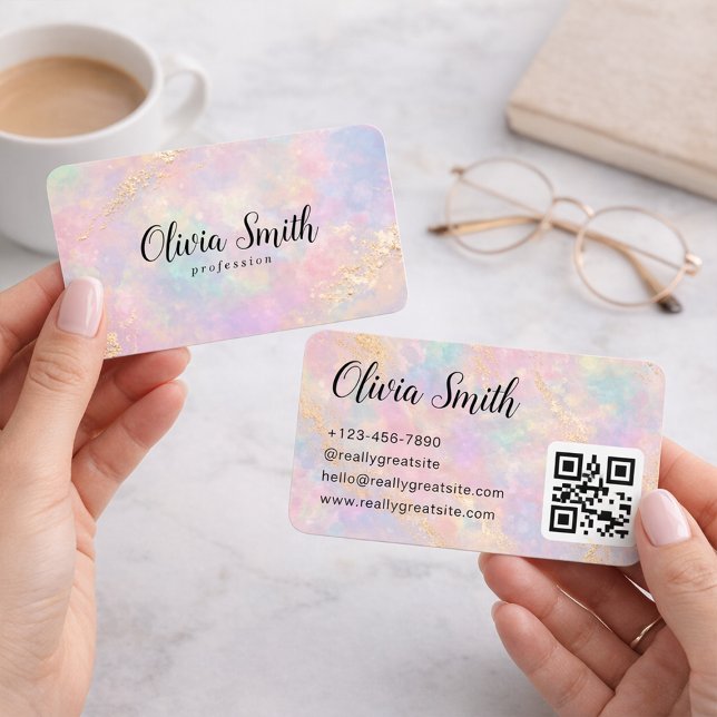 Pastel Marble Script Name and Gold Accents QR Code Business Card (Creator Uploaded)