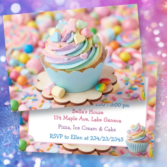 Pastel Marshmallow Rainbow Cupcake Birthday Invitation (Creator Uploaded)