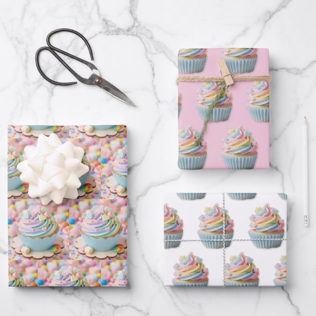 Pastel Marshmallow Rainbow Cupcake Birthday Wrapping Paper Sheet (Front)