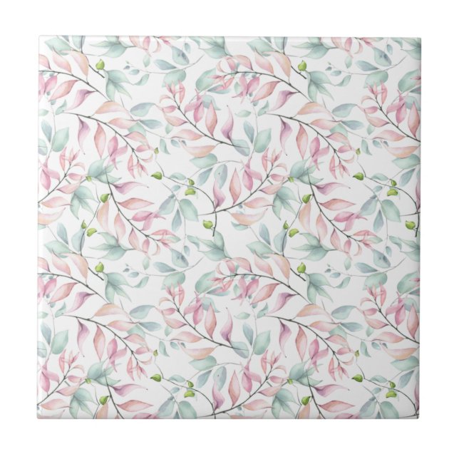 Pastel Mauve and Sage Dancing Leaves Ceramic Tile (Front)