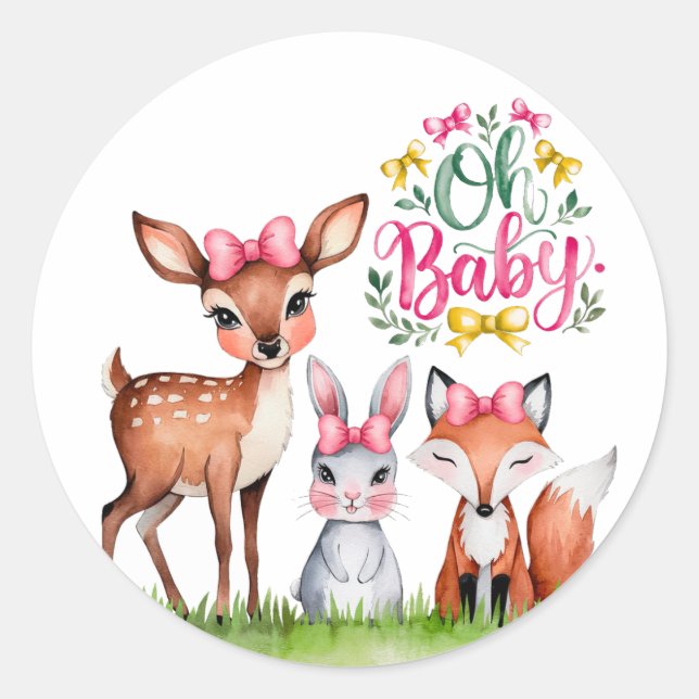 Pastel Meadow Companions Girl Baby Shower Classic Round Sticker (Front)