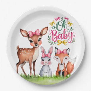 Pastel Meadow Companions: Oh Baby Girl Baby Shower Paper Plate