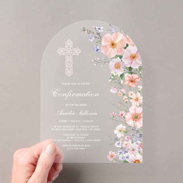 Pastel Meadow Flowers Arch Confirmation Acrylic Invitations (Insitu (Handheld))