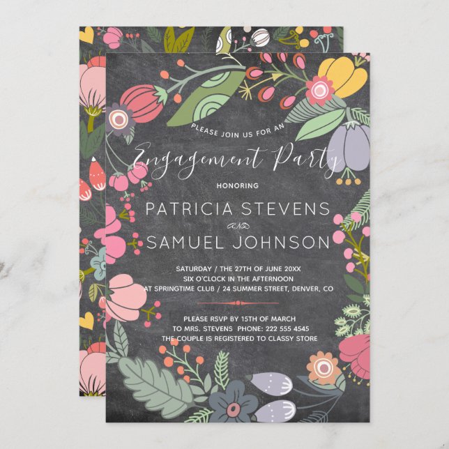 Pastel meadow wreath chalkboard engagement party invitation (Front/Back)