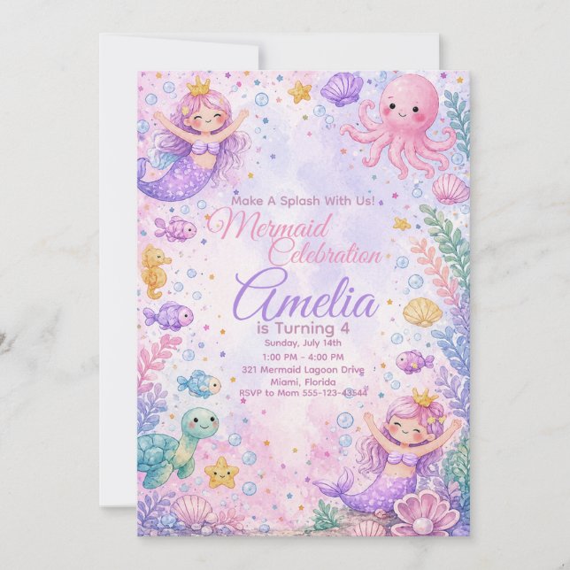 Pastel Mermaid Celebration Invitation Editable (Front)