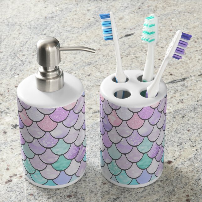Pastel Mermaid Cute Bathroom, Pink, Purple,Teal Bathroom Set (Front)