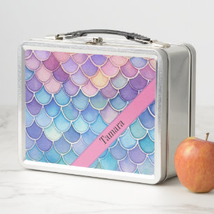 Pastel Mermaid Scale Pattern Personalized Name  Metal Lunch Box