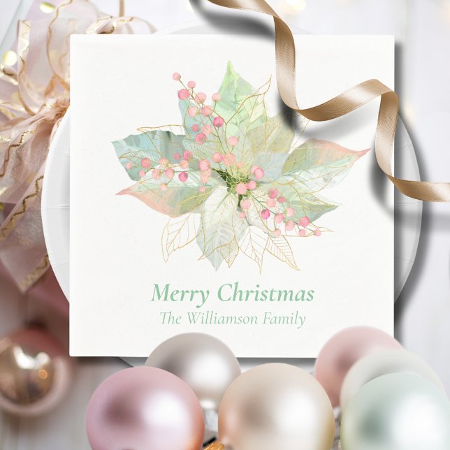 Pastel Merry Christmas Poinsettia Pink Sage Gold Napkin (Creator Uploaded)