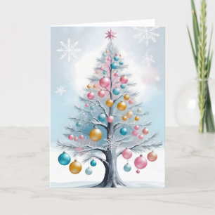 Pastel Minimalist Pine Tree Shiny Ornaments Holiday Card
