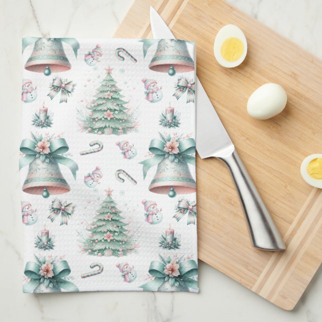 Pastel Mint and Pink Christmas Seamless Pattern Kitchen Towel (Quarter Fold)