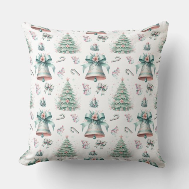 Pastel Mint and Pink Christmas Seamless Pattern Throw Pillow (Front)