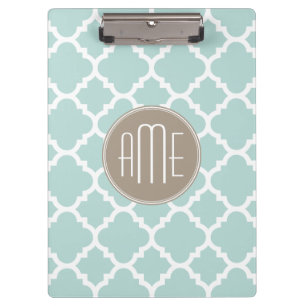 Pastel Mint and Tan Quatrefoil Pattern Monogram Clipboard