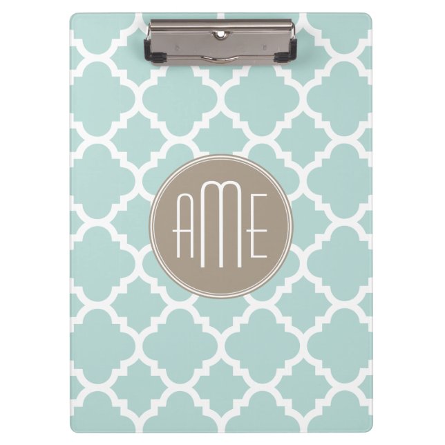 Pastel Mint and Tan Quatrefoil Pattern Monogram Clipboard (Front)