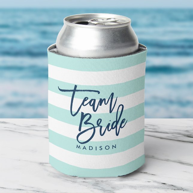 Pastel Mint and White Stripes Blue Team Bride Can Cooler (Creator Uploaded)