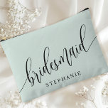 Pastel Mint Bridesmaid Modern Calligraphy Accessory Pouch<br><div class="desc">Celebrate your bridal party with this elegant pastel mint green bridesmaid accessory pouch. Featuring modern calligraphy and customizable with your bridesmaid's name, this pouch is both stylish and practical. The soft dusty sage colour and elegant script create a sophisticated look, perfect for holding makeup, toiletries, or other essentials. This personalized...</div>