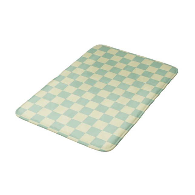 Pastel Mint Green and Pale Yellow Chequerboard Bath Mat (Angled)