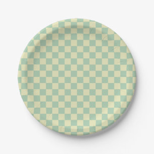 Pastel Mint Green and Pale Yellow Chequerboard Paper Plate