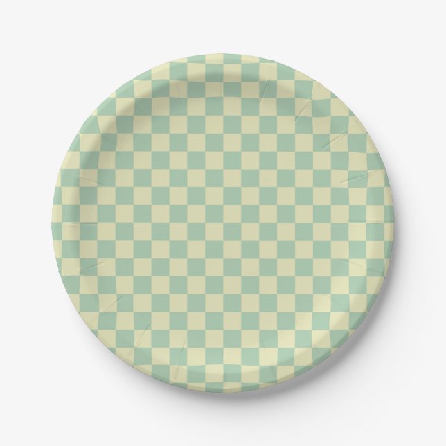 Pastel Mint Green and Pale Yellow Chequerboard Paper Plate (Front)
