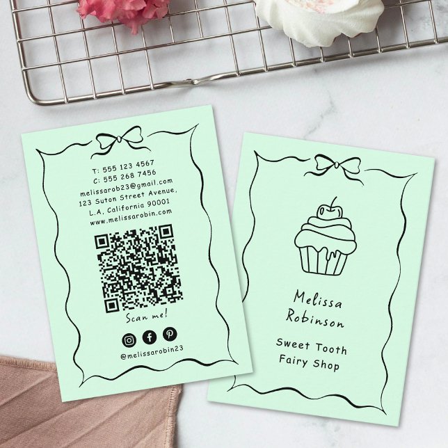 Pastel Mint Green Bakery Cake, Coquette & QR Code Business Card (Creator Uploaded)
