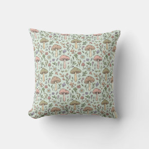 Pastel Mint Green Cottagecore Fungi Seamless Throw Pillow