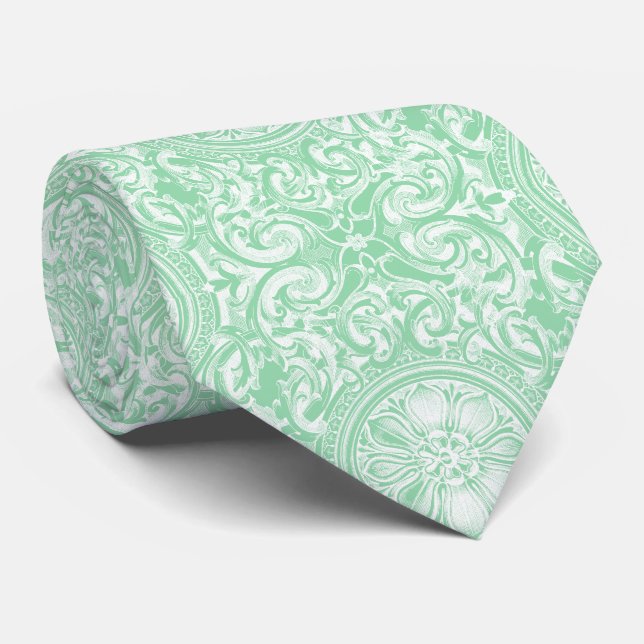 Pastel Mint Green Floral Swirls Oranmet Tie (Rolled)