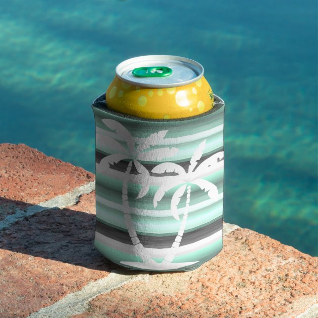 Pastel Mint Green Grey Watercolor Stripes Pattern Can Cooler (In Situ Pool)