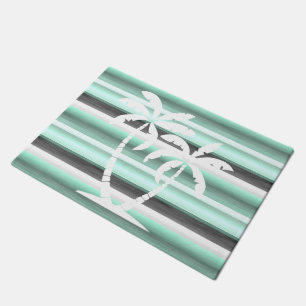 Pastel Mint Green Grey Watercolor Stripes Pattern Doormat