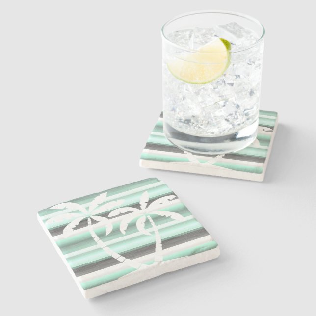 Pastel Mint Green Grey Watercolor Stripes Pattern Stone Coaster (Side)