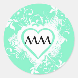 Pastel mint green monogrammed heart classic round sticker