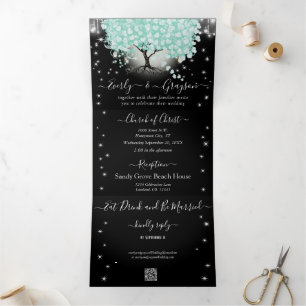 Pastel Mint Green on Black Heart Leaf Wedding Tri-Fold Invitation