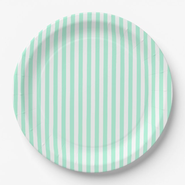 Pastel Mint Green Stripes Summer Striped Paper Plate (Front)