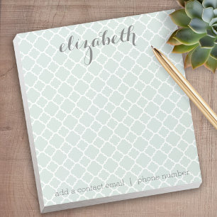 Pastel Mint & Grey Quatrefoil Pattern Custom Name Notepad