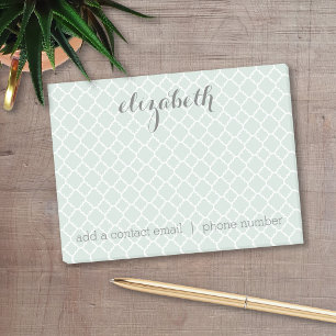 Pastel Mint & Grey Quatrefoil Pattern Custom Name Post-it Notes