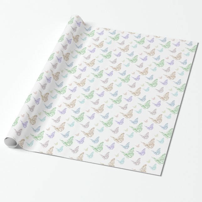 Pastel Mint Purple Peach Butterflies Birthday Wrapping Paper (Unrolled)