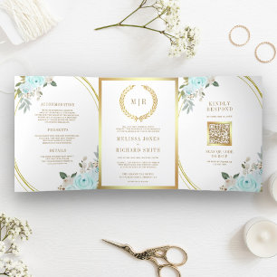 Pastel Mint Roses All in One QR Code Wedding Tri-Fold Invitation