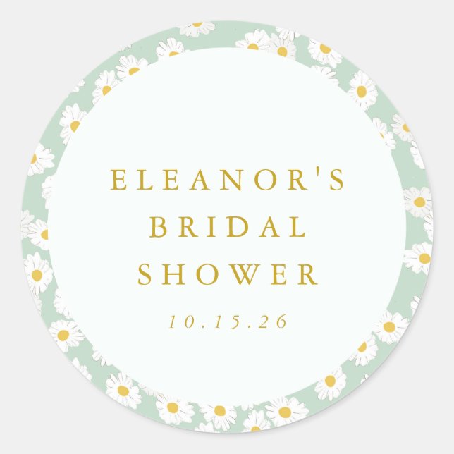 Pastel Mint Sage Daisy Floral Bridal Shower Custom Classic Round Sticker (Front)