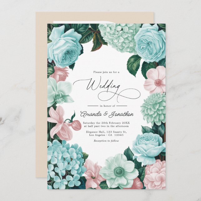 Pastel Mint, Seafoam & Shell Pink Wedding Invitation (Front/Back)